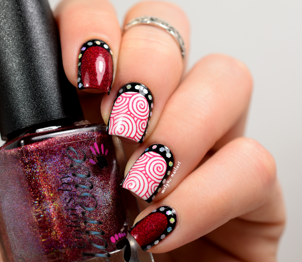 Nail art ruffian pailletée et stamping Mighty Red Baron by CBL 
